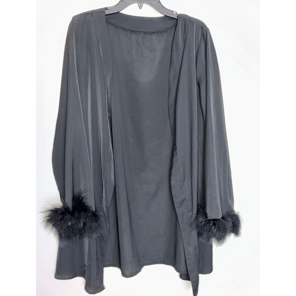 Romantic Robe Women Medium Black Faux Fur Cuff Open Front Evening Wrap